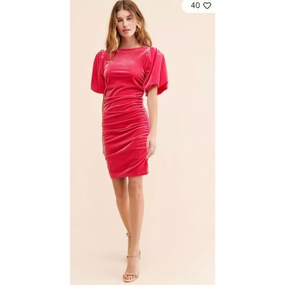 Scotch & Soda Velvet Balloon Sleeve Bodycon Ruched Hot Pink Dress Anthro Xsmall - Picture 2 of 4